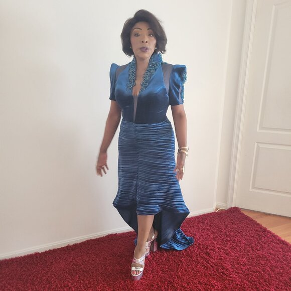 Velvet Asymmetrical Cocktail Dress With Beading - Picture 1 of 10